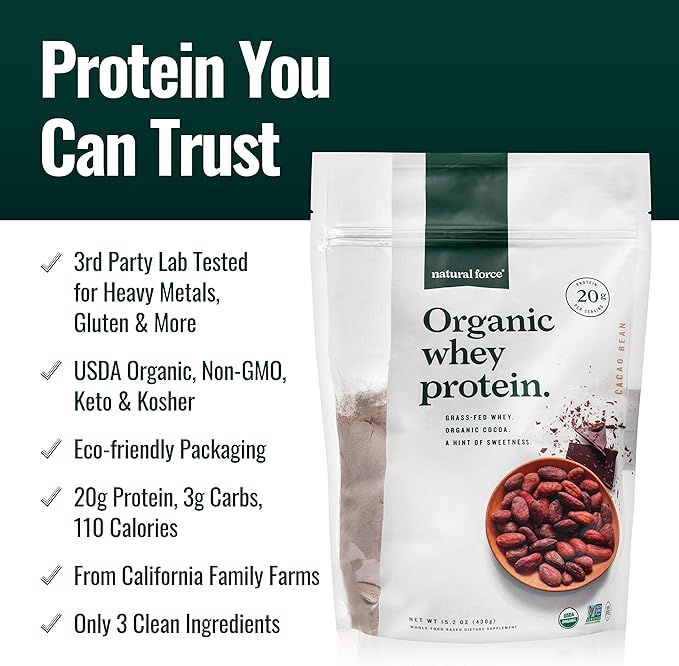 Natural Force Clean Grass Fed Collagen Peptides + Chocolate Organic Whey Protein Bundle – Organic Non GMO Whey Protein &amp Hydrolyzed Type I and III Collagen – 15.2 Ounce Bag and 11.7 Ounce Bag