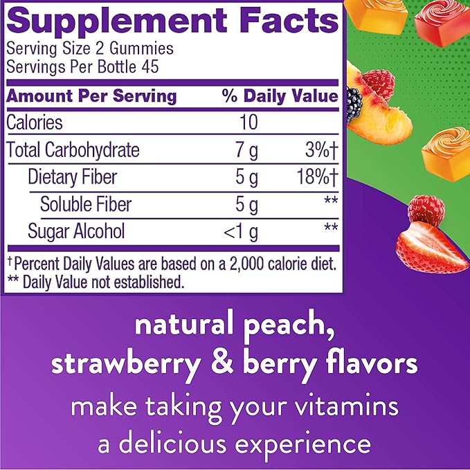 Vitafusion Fiber Well Sugar Free Fiber Supplement &amp Vitamin D3 Gummy Vitamins for Bone and Immune System Support Peach BlackBerry and Strawberry Flavored 50 mcg Vitamin D 75 Day Supply 150 Co