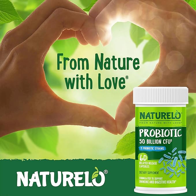 NATURELO Probiotics for Digestive Health 50 Billion CFU 60 Vegetarian Capsules 11 Strains Daily Use Supplement Delayed Release No-Fridge Boosts Immune System Probiotics for Women &amp Men