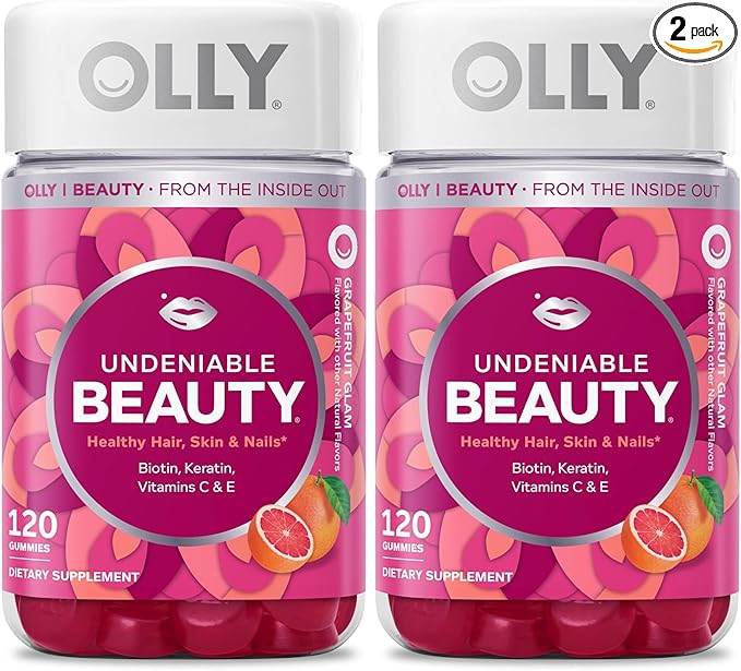 OLLY Undeniable Beauty Gummy for Healthy Hair Skin &amp Nails* Biotin Vitamins C &amp E Keratin Chewable Supplement Grapefruit Flavored 60 Day Supply - 120 Count (Pack of 2)