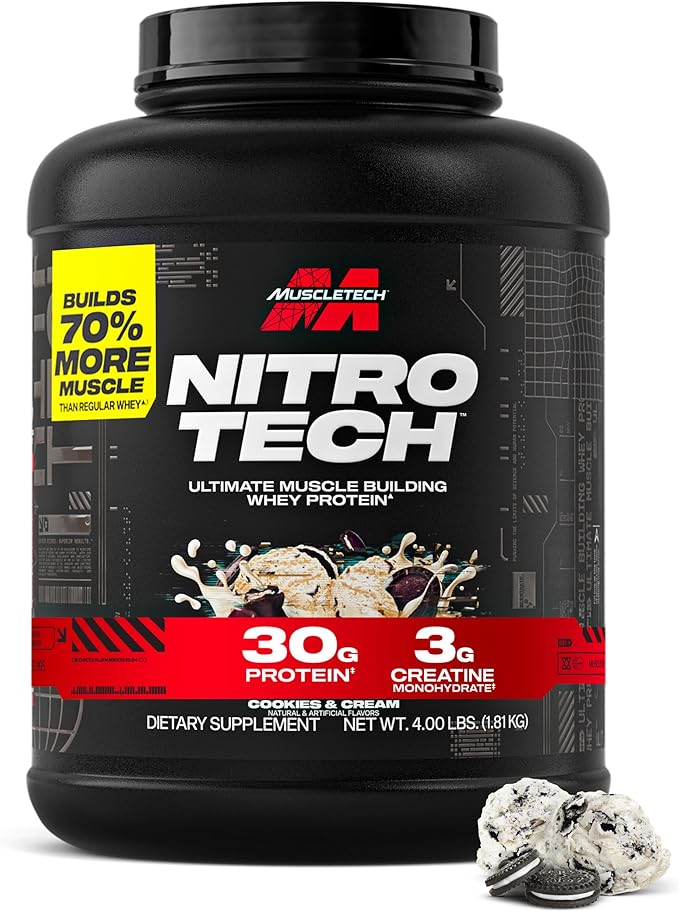 Muscletech Whey Protein Powder (Cookies &amp Cream 4 Pound) - Nitro-Tech Ultimate Muscle Building Formula with Whey Protein Isolate - 30g of Protein 3g of Creatine &amp 6.8g of BCAA - Packaging Ma