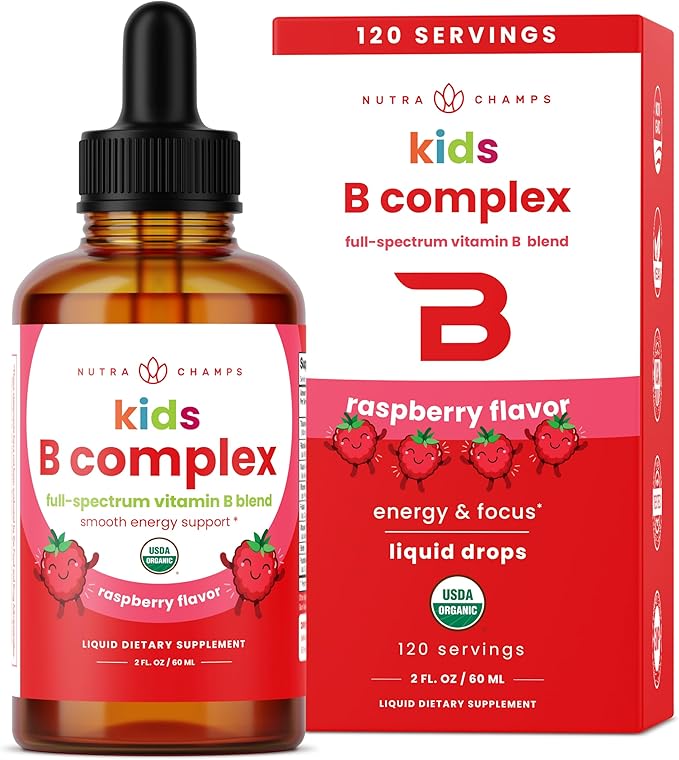 NutraChamps Vitamin B Complex for Kids B1 B2 B3 B6 B7 B9 &amp Methyl B12 Kids B Complex Liquid Drops Supplement Energy Focus Metabolism Natural Berry 120 Servings 4 Month Supply