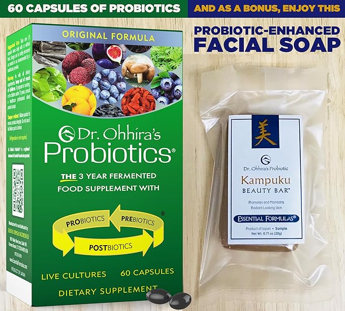 Dr. Ohhira's Probiotics Original Formula 60 Capsules with Bonus Beauty Bar Soap Travel Size 20g - No Refrigeration Supplement for Women and Men 13 Probiotic Strains