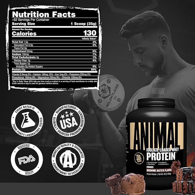 Animal Whey Isolate Protein Powder - Loaded for Pre &amp Post Workout Muscle Builder and Recovery with Digestive Enzymes for Men &amp Women - 25g Protein Great Taste Low Sugar - Brownie Batter 4 l