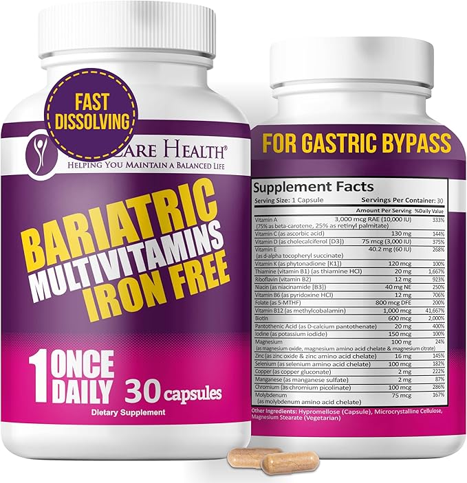 Procare Health Bariatric Multivitamin with Iron Free (30 Fast Dissolving Veggie Capsule) - Bariatric Vitamins for Gastric Sleeve &amp Gastric Bypass Bariatric Multivitamin Without Iron (1 Month Supp