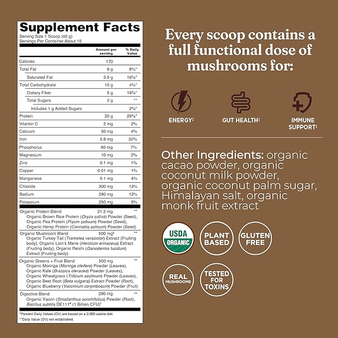 Four Sigmatic Organic Plant-Based Protein Powder | Clean Vegan Protein Elevated with Lion’s Mane Chaga Cordyceps and More for Brain Function and Immune Support | Creamy Cacao 21.16 oz