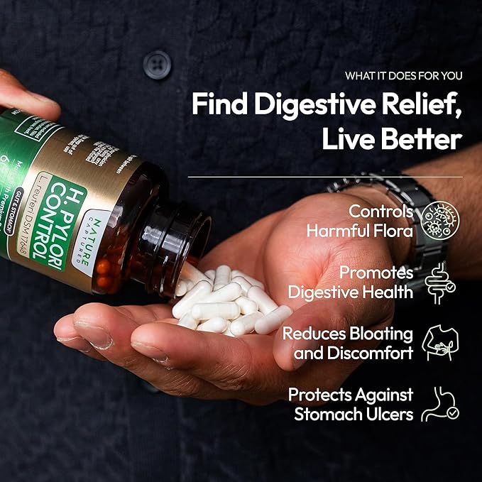 H Pylori Control - with Pylopass™ - Lactobacillus Reuteri DSM 17648-60 Capsules - 200 Billion CFU/g - Supports Elimination of Bad Bacteria in Stomach &amp Gut - GMP - Additive Free