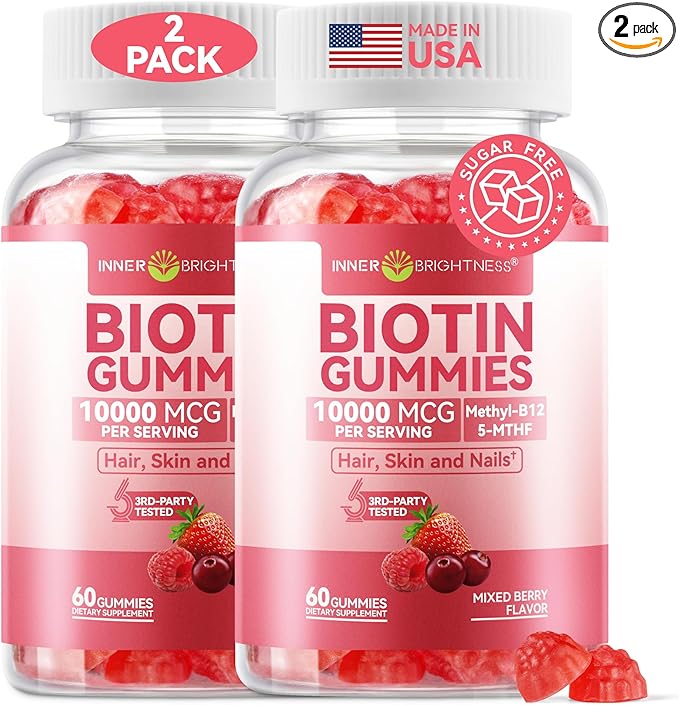 Biotin Gummies 10000 mcg – Hair Skin and Nails Support for Women &amp Men – with Vitamins C D3 B6 B12 &amp Folate – Mixed Berry Flavor Sugar Free 120 Count (2 Pack)