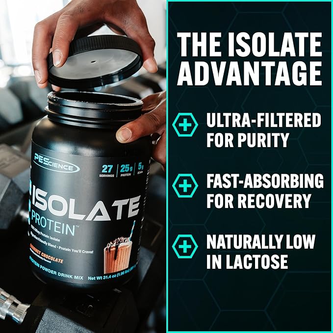 PEScience Isolate Whey Protein Powder Gourmet Chocolate 27 Servings 100% Whey Protein Isolate Low Carb Fast Absorbing Post Workout Shake for Men and Women