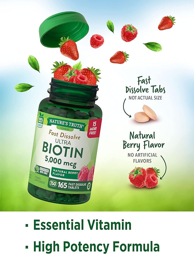 Ultra Biotin 5000mcg | 165 Fast Dissolve Tablets | Hair Skin and Nails Supplement | Natural Berry Flavor | Vegetarian Non-GMO Gluten Free | by Nature's Truth