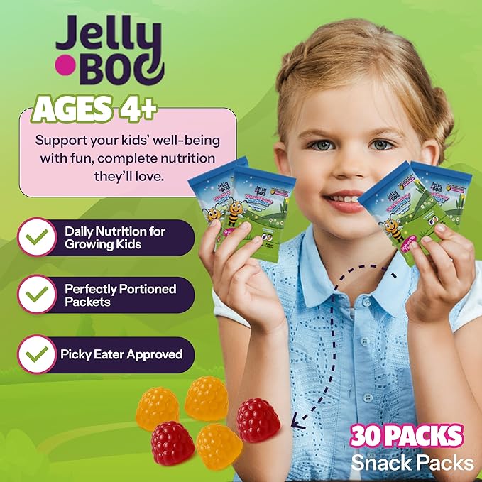 Kids Daily Multivitamin - Healthy Snacks For Kids – No Sugar No Dyes Monk Fruit Sweetened Vegan Gluten-Free- 100% Daily Value of Vitamins C D3 Zinc – 30 Travel Lunch Packs of Sugar Free Gummies