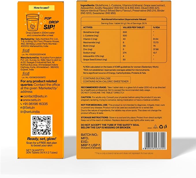 SETU Glutathione Effervescent Tablets with 500mg L-Glutathione &amp Vitamin C | Sugar-Free Antioxidant Supplement | Mixed Berry (Pack of 4)