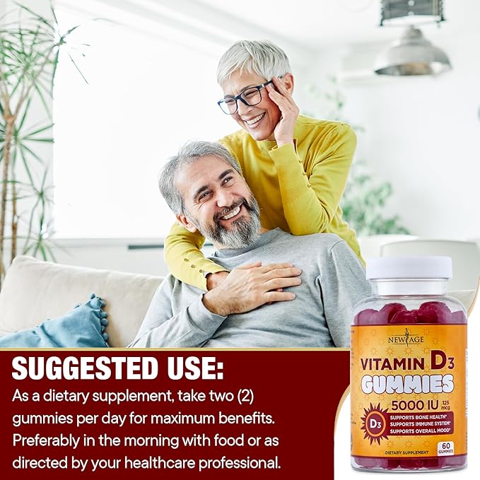 NEW AGE Vitamin D3 5000 IU 125mcg Gummies - Immune Supplement - Non-GMO Gluten-Free Dairy-Free No Gelatin (180 Gummies (Pack of 3))