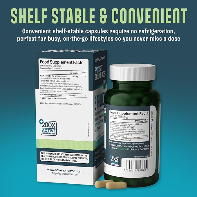NAVEH PHARMA Adult Postbiotics Capsules for Women and Men | Postbiotics for Gut Health with 200X Ingredients Than Probiotic and Prebiotic | Supports Immunity Digestion Microbiome &amp Metabolism