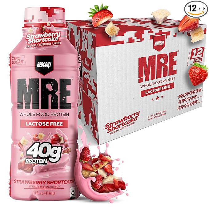 REDCON1 MRE Ready to Drink Protein Shake Strawberry Shortcake- Lactose Free RTD 40gr Protein Made with Real Whole Food Protein Blends - Easy to Digest Nutritional Shake (12 Pack)