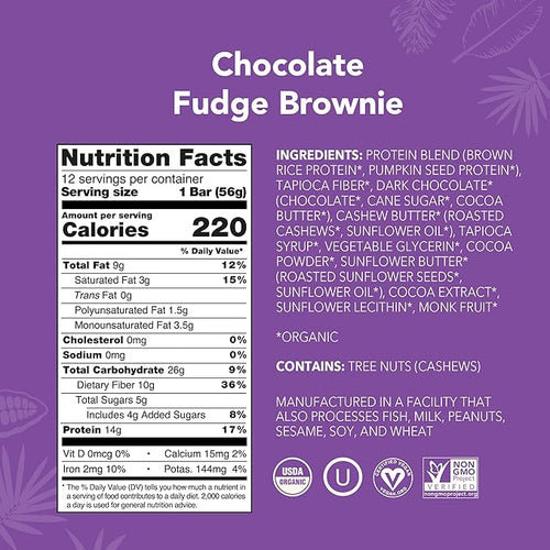 ALOHA Organic Plant-Based Protein Bars | Chocolate Fudge Brownie | Vegan Gluten-Free Paleo Low-Carb Non-GMO Soy-Free 12 Count