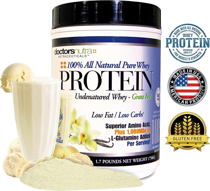 Pure 100 Percent - Undenatured Grass Fed Whey Protein by Doctors Nutra Low Carb Low Fat Rich Vanilla Flavor Nothing Artificial - Ultrafiltered Plus 1000 Milligrams L-Glutamine