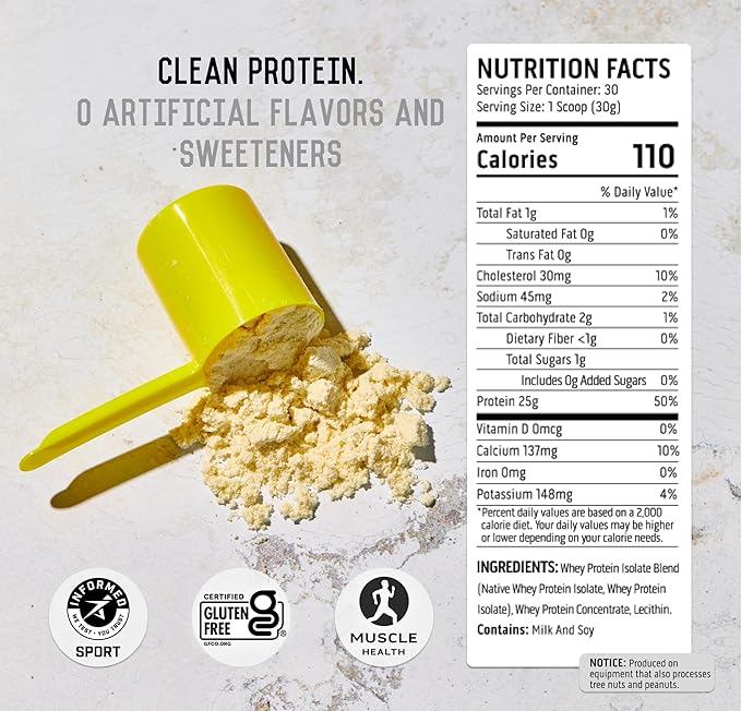 Ascent 100% Whey Protein Powder - Post Workout Whey Protein Isolate Zero Artificial Flavors &amp Sweeteners Gluten Free 5.5g BCAA 2.6g Leucine Unflavored 2 lb