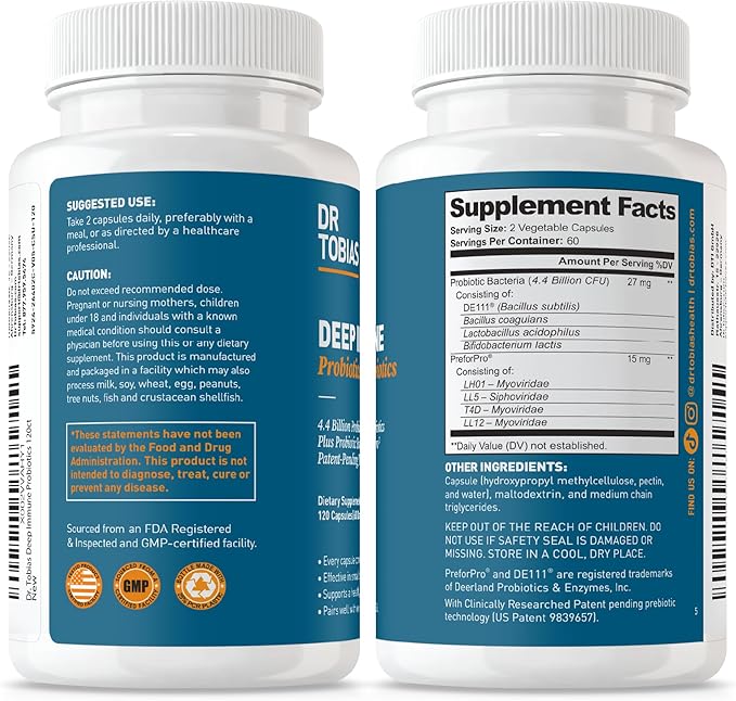 Dr. Tobias Deep Immune Probiotics &amp Prebiotics - Dual Action Digestion &amp Immune Support with PreforPro Prebiotics &amp Spore Forming Probiotics for Women &amp Men - 120 Capsules (60 Servings