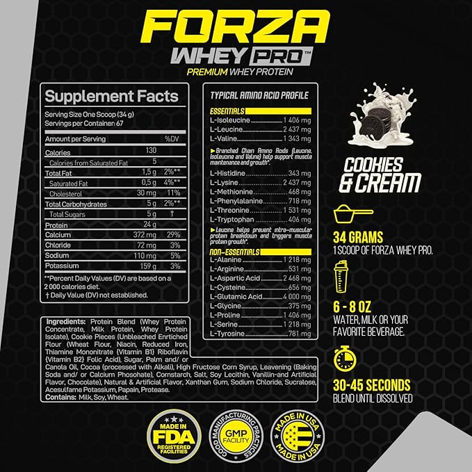 Forzagen Whey PRO Low Carb Protein Powder | 24g of Protein per Serving Low-Sugar Premium Whey for Shakes &amp Mixes for Men &amp Women BCAA | Cookies &amp Cream 5 lbs. (67 Servings)