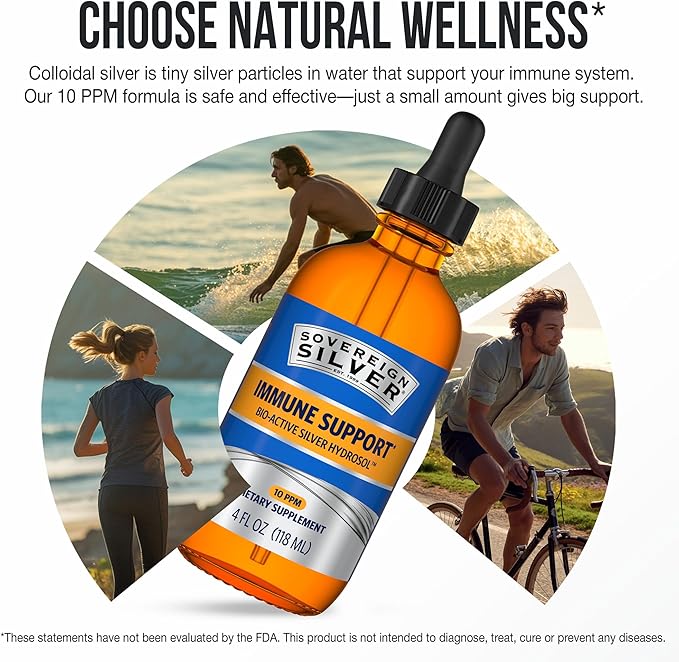 Sovereign Silver Immune Support - Colloidal Silver Bio-Active Silver Hydrosol 10 ppm Liquid Dropper 4 Fl Oz (118 mL)