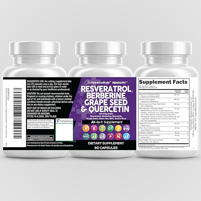 Clean Nutraceuticals Resveratrol Berberine Grape Seed Extract Quercetin Green Tea Extract Polyphenol Supplement for Women &amp Men N-Acetyl Cysteine Acai - 2Pack