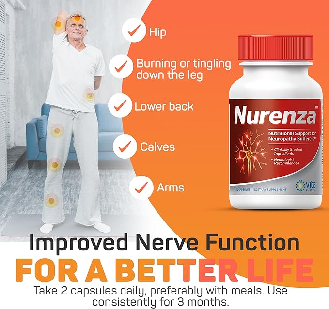 Vita Sciences Nurenza Neuropathy Relief Supplement for Nerve Health and Fast Repair. Natural R-ALA Form 40x Strength w/Vitamins Antioxidants and Revitalizing Feet Hands Legs and Toes.