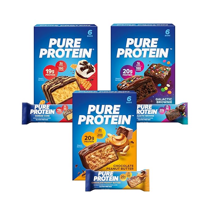 Pure Protein New Variety Pack Protein Bars – 20g Protein 3g Sugar 190 Calories (18 count) Low Sugar* High Protein Snack - Gluten Free - Perfect for a Healthy Snack