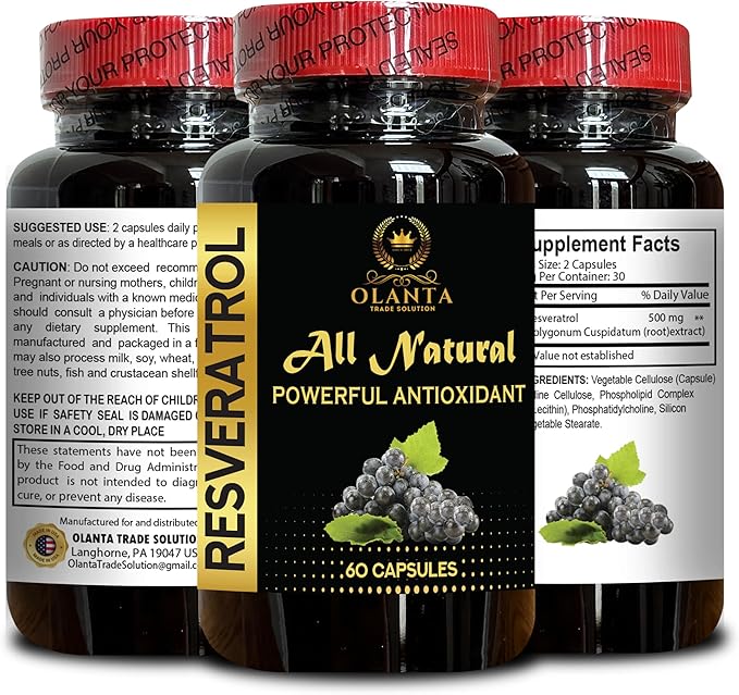 Trans Resveratrol 500mg – Supports Healthy Aging Cognitive Function Antioxidants with Immune boosters Energy and Vitality Boost - 2 Bottles 120 Capsules