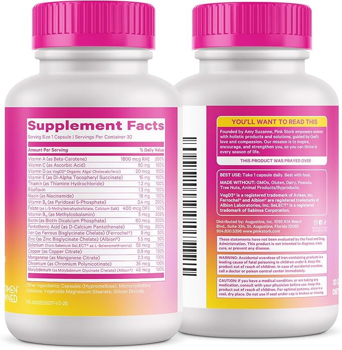 Pink Stork Total Women's Multivitamin - 19 Essential Vitamins for Women &amp Nutrients – Energy Metabolism Hormone Immune &amp Mood Support – B6 B12 Biotin Iron &amp Zinc – 30 Capsules