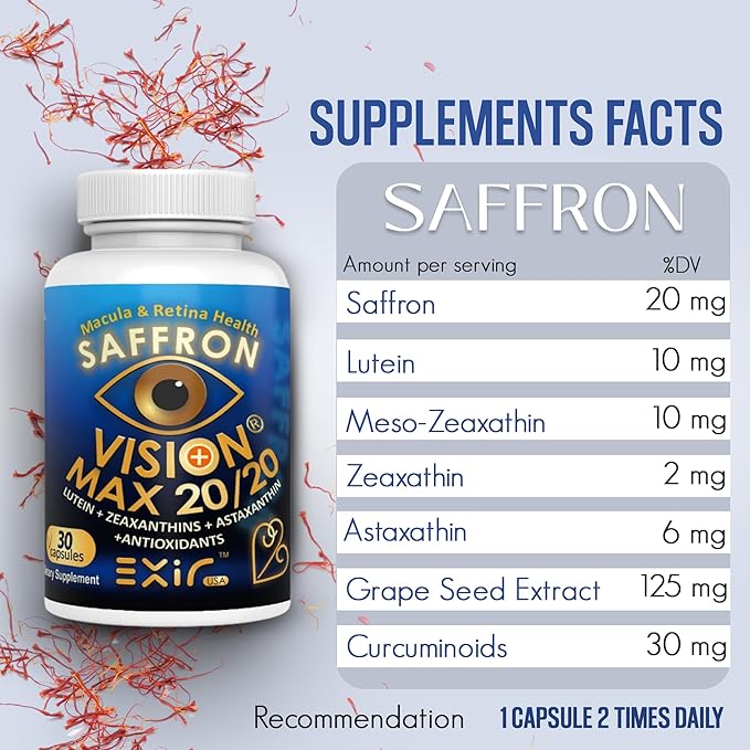 EXIR Eye Supplement | Lutein Saffron Astaxanthin| Supports Eye Health Visual Comfort &amp Focus | 30 Capsules