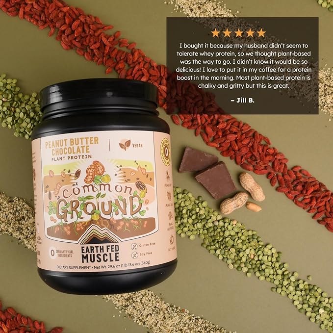 Earth Fed Muscle Common Ground Plant Protein Powder – Chocolate Peanut Butter Protein Powder with MCT Oil Soy &amp Gluten Free No Added Sugar Keto - 30 Servings