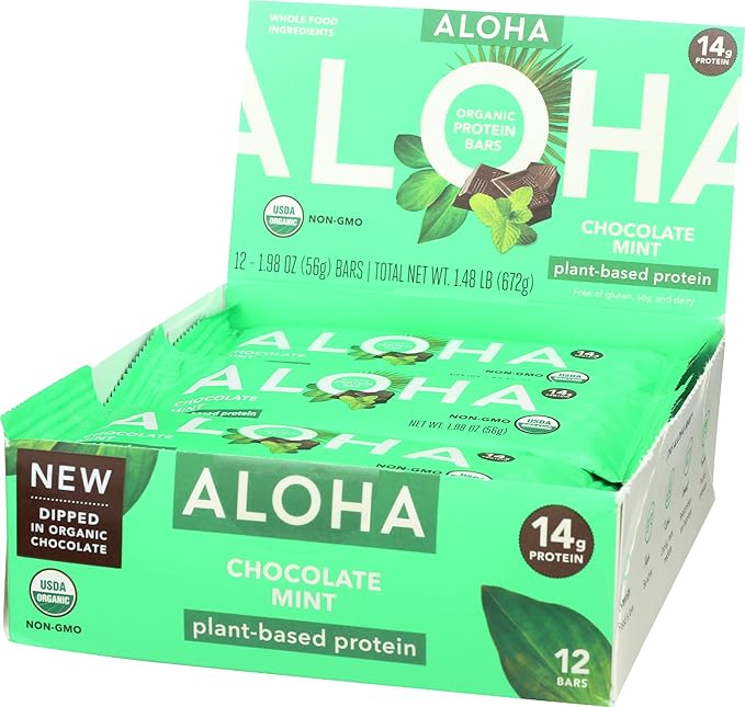 Aloha Organic Chocolate Mint Protein Bars 14g Plant-Based Protein USDA Certified Organic Gluten Free &amp Non-GMO 56 Gm (Pack of 12)