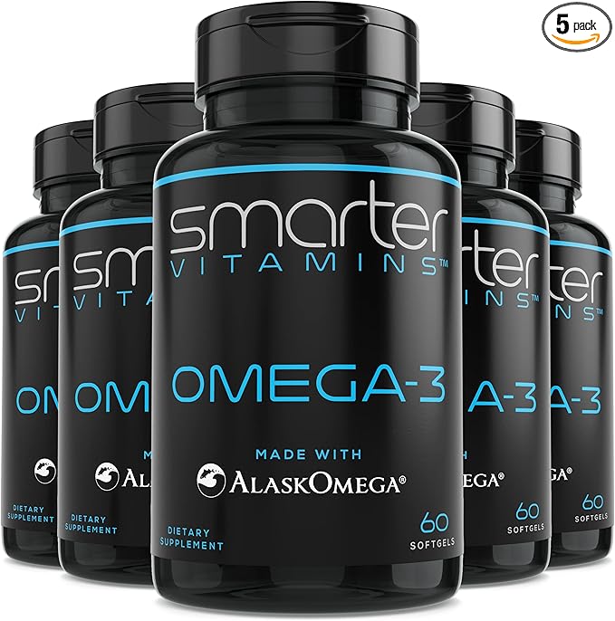 (5 Pack) Smarter Omega 3 Fish Oil Berry Flavor Burpless Tasteless 2000mg Potent Triple Strength DHA EPA Brain Omega-3 Made with AlaskOmega®