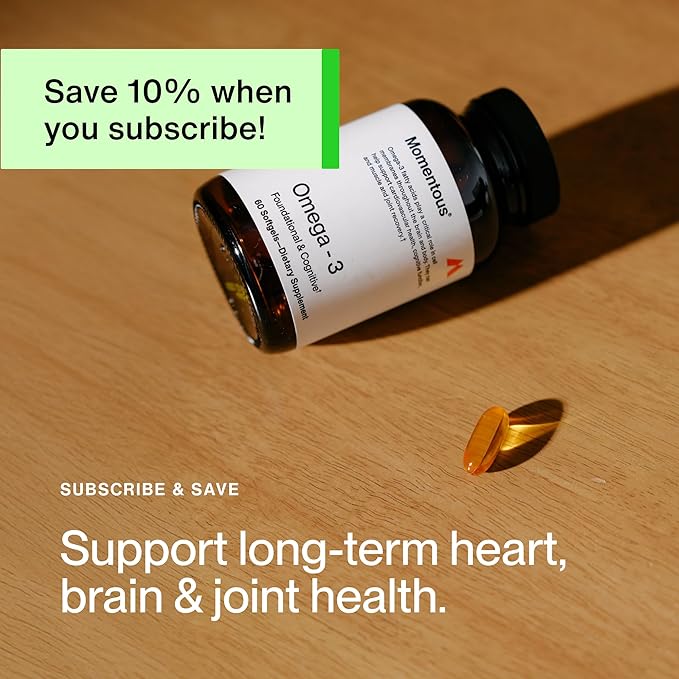 Momentous Omega-3 Fish Oil - High-Potency EPA &amp DHA Supplement for Men &amp Women - Supports Heart Joint &amp Brain Health - NSF Certified for Sport - Non-GMO - Gluten-Free - 1600 mg - 30 Ser