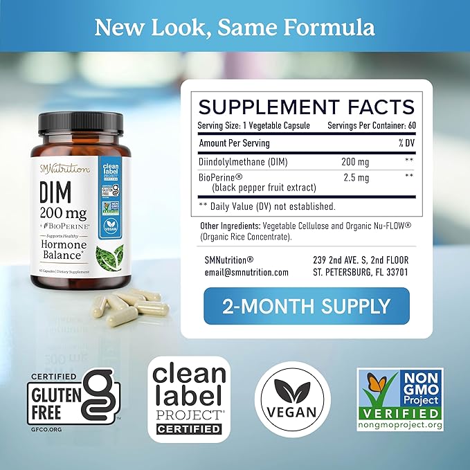 DIM Supplement 200 mg | Estrogen Balance for Women &amp Men | Hormonal Acne Hormone Balance Menopause &amp Antioxidant Support | Clean Label Project Certified Vegan &amp Soy Free Diindolylmethan