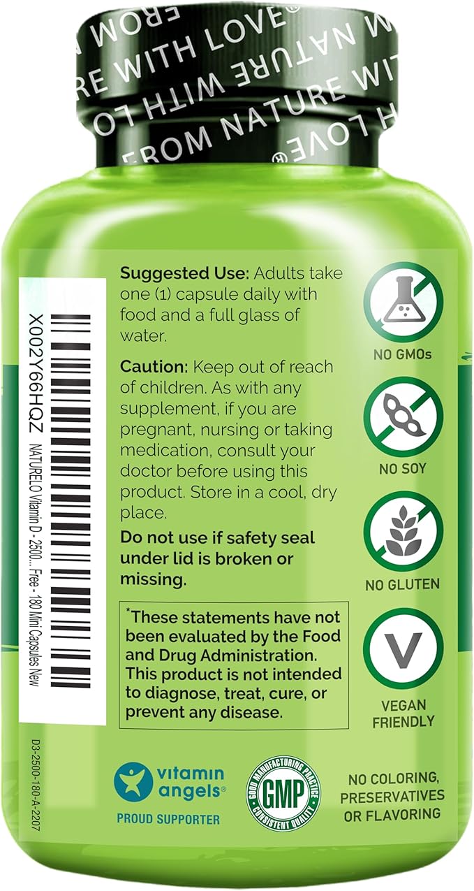 NATURELO Vitamin D - 2500 IU - Plant Based from Lichen - Natural D3 Supplement for Immune System Bone Support Joint Health - Vegan - Non-GMO - Gluten Free - 180 Capsules