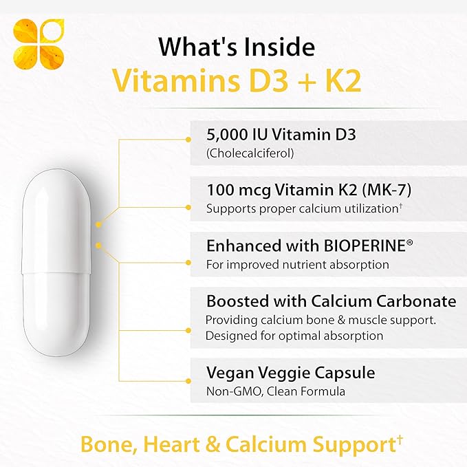 Vitamin D3 + K2 (MK-7) Capsules 5000 IU Vitamin D3 with Calcium &amp BioPerine® Bone &amp Heart Support Formula Non-GMO Gluten-Free 60 Capsules
