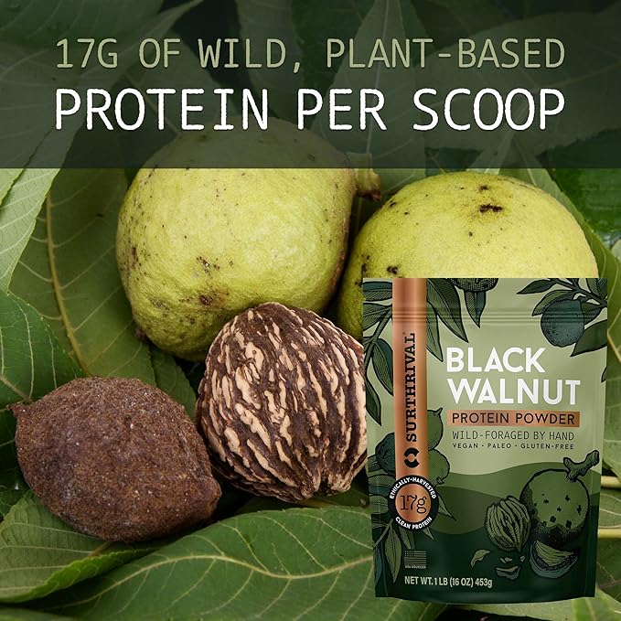 Surthrival: Black Walnut Protein Powder Wild-Foraged Ethically-Harvested 17g Protein USA Sourced Vegan Paleo Gluten-Free 1lb