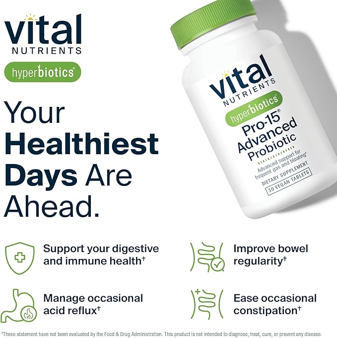 Hyperbiotics Vital Nutrients Pro-15 Advanced Probiotics for Women and Men | 15 Strains + Kiwifruit | Clinically Studied Daily Probiotics for Digestive Health Gas &amp Bloating | 30 Vegan Tablets