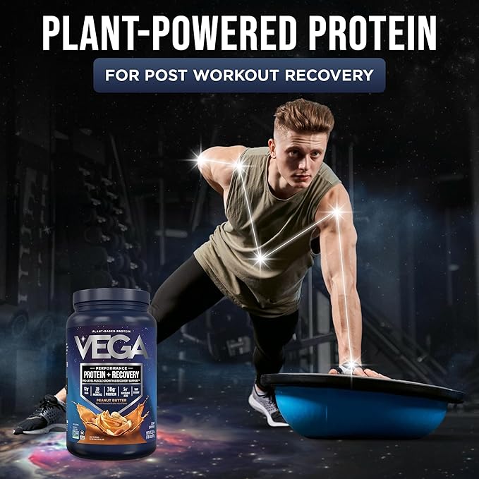 Vega Sport Vegan Protein Powder + Recovery - 30g Plant Based Protein per Serving Peanut Butter 19 Servings 5g BCAAs Probiotics NSF Certified for Shakes &amp Smoothies 1.8lbs (Packaging May Var