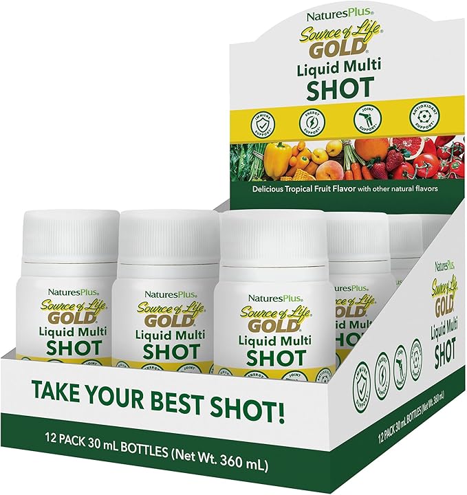NaturesPlus Source of Life GOLD Liquid Multi Shot - 1 fl oz Case of 12 - Tropical Fruit Flavor - Provides Nutrients from 100+ Fruits and Vegetables - 12 Servings