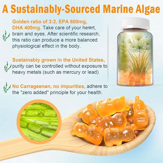 Vegan Omega-3 Gummies 1280mg + CoQ10 + Vitamin D3 K2 (MK7) Omega 3 Fish Oil Alternative for Adults w/EPA 600mg DHA 400mg &amp MCT Oil No Fish Taste from Marine Algae for Brain Eye Immunity 1 Pa