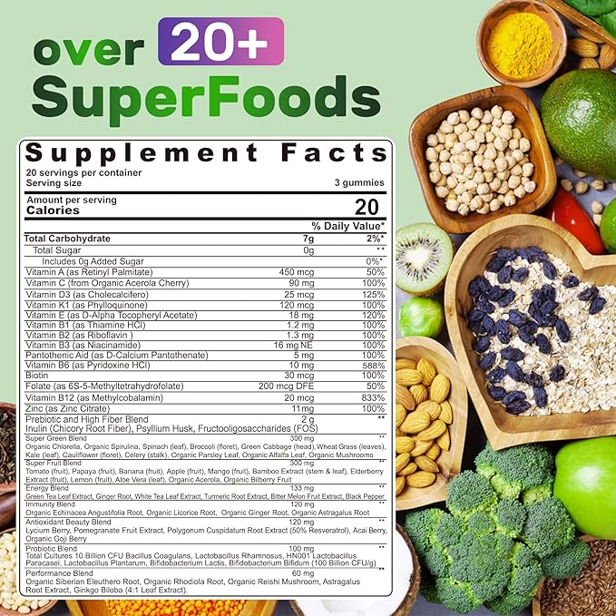 Super Greens Multivitamin Gummies Daily Greens Superfood Gummies w/Spirulina Chlorella Multivitamins Prebiotic Fiber Adaptogens Support Digestive &amp Gut Health Immunity Focus &amp Energy