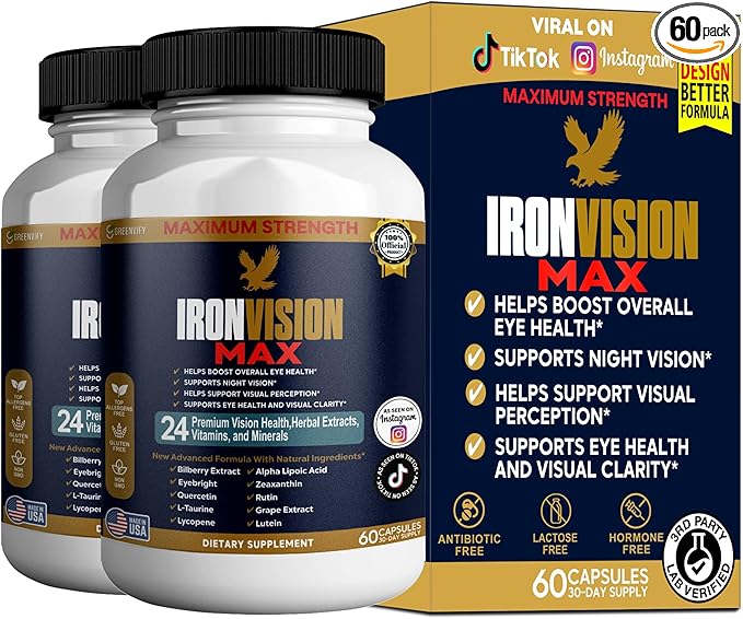 IronVision Max Eye Health Supplement 24 Premium Vitamins &amp Minerals Lutein Bilberry Extract 60 Capsules (2)
