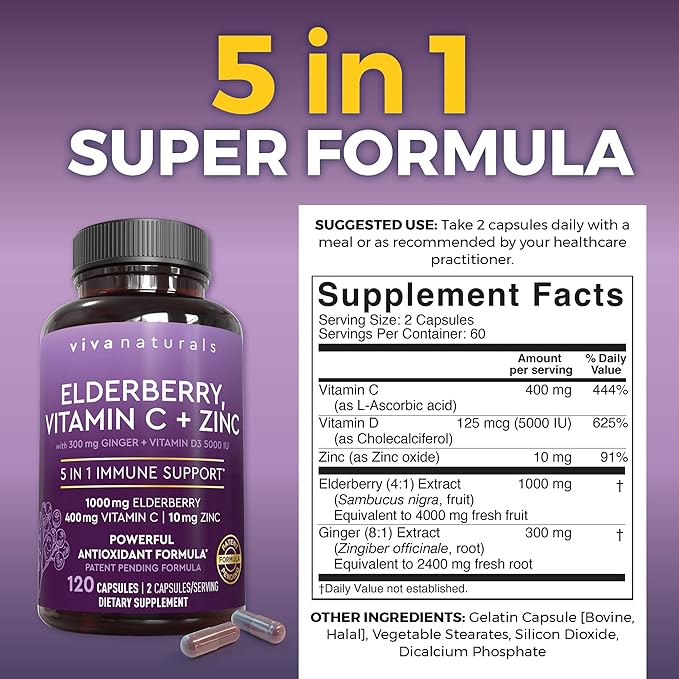 Viva Naturals Elderberry with Vitamin C and Zinc for Adults - 5 in 1 Sambucus Black Elderberry Capsules with Vitamin D3 5000 IU Immunity Supplement Sambucus Elderberry Immune Support Supplement