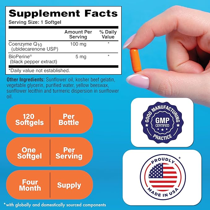 Health Thru Nutrition CoQ-10 100mg with BioPerine (Pack of 3X 120 Softgels) | High Absorption Naturally Fermented USP Grade Coenzyme Q10 | 3rd Party Tested | Heart Health and Energy Support