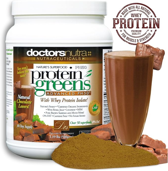 PH50 Protein Greens Drink with Certified Organic Ingredients by Doctors Nutra Nutraceuticals 1.19 Pounds (540 Grams) 50 Superfoods Digestive Enzymes Natural Chocolate Flavor