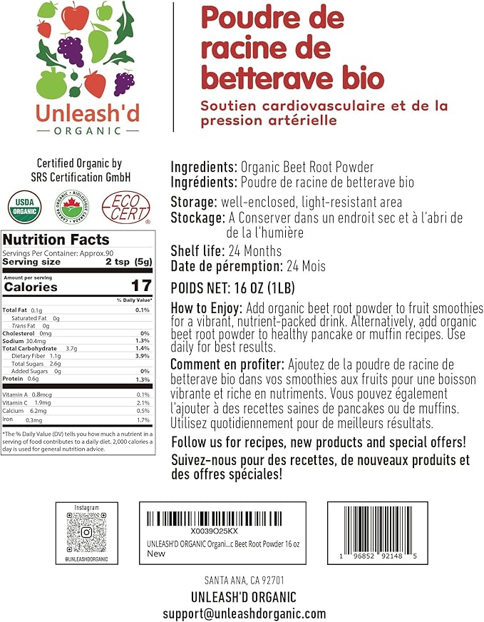 Unleash’d Organic Beet Root Powder 16 oz – 100% Pure Raw Superfood Non-GMO Nutrient-Rich Energy &amp Circulation Support