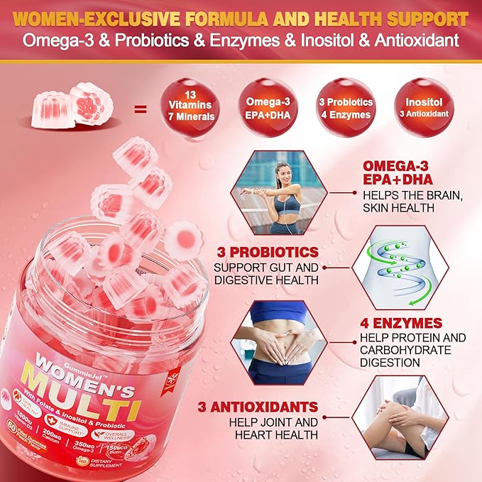 Women + Kids Multivitamin Gummies with Omega-3 (DHA &amp EPA) Methylated Multivitamin Filled Gummies Support Overall Health Immunity Hair Nails Skin HealthBrain Gut Eye